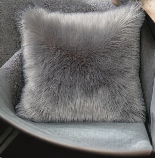 Grey Fluffy Faux Throw Pillow