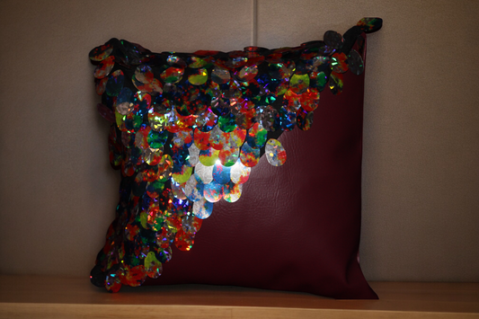 Multi-Color Sequin/Burgundy Faux Leather Throw Pillow